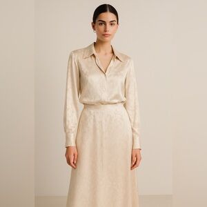 Vince Cream Skirt Set Satin Skirt Size 2 Blouse Size 4